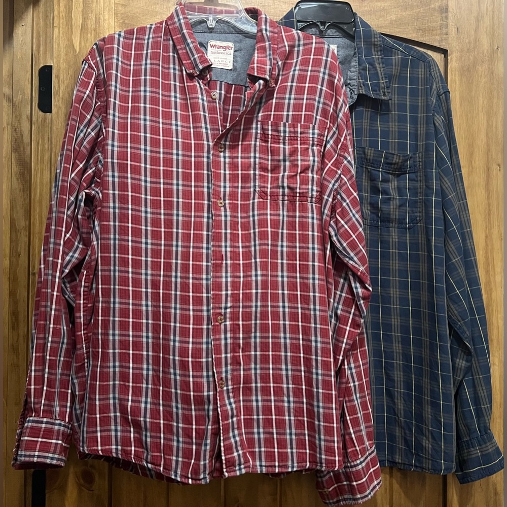 Wrangler Authentics Men's Red and Blue Plaid Button Down Shirts Bundle